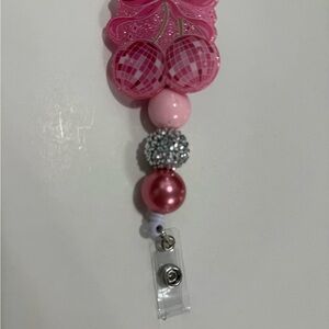 Pink Disco Cherry Beaded Badge Reel – Retractable ID Holder
